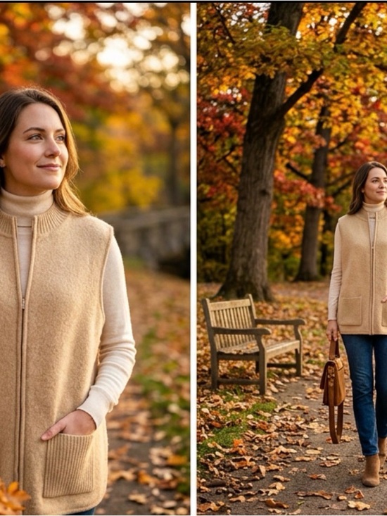Karen Scott II Jackets & Blazers - Vintage Vest 100% Australian Wool Karen Scott II 1X Camel Brown Zip Up Mock Neck